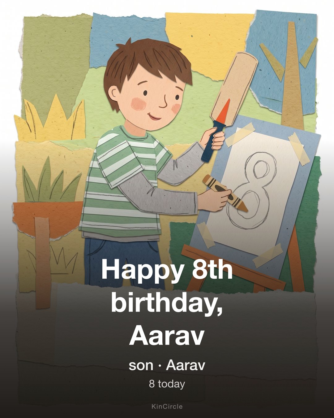 An eighth birthday card in English, illustrated with cricket.